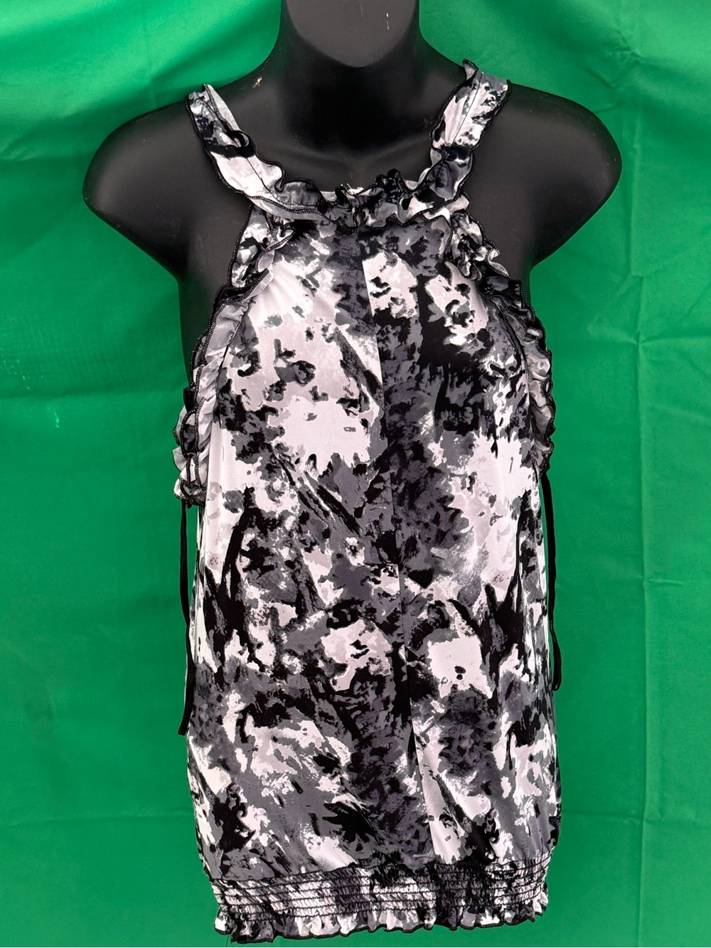 Black & White Abstract Print Ruffle Halter Blouse — Sleeveless Smocked Top